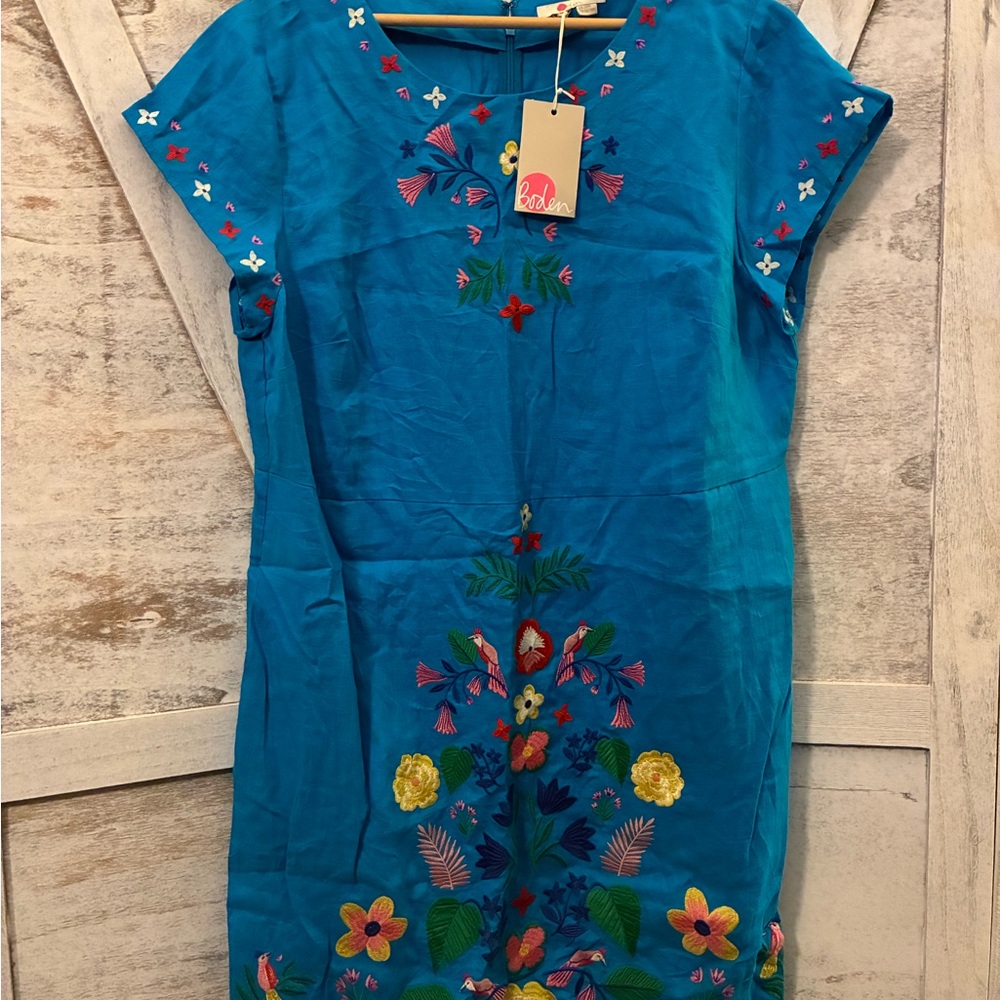 Boden Teal Dress with Multicolor Embroidery